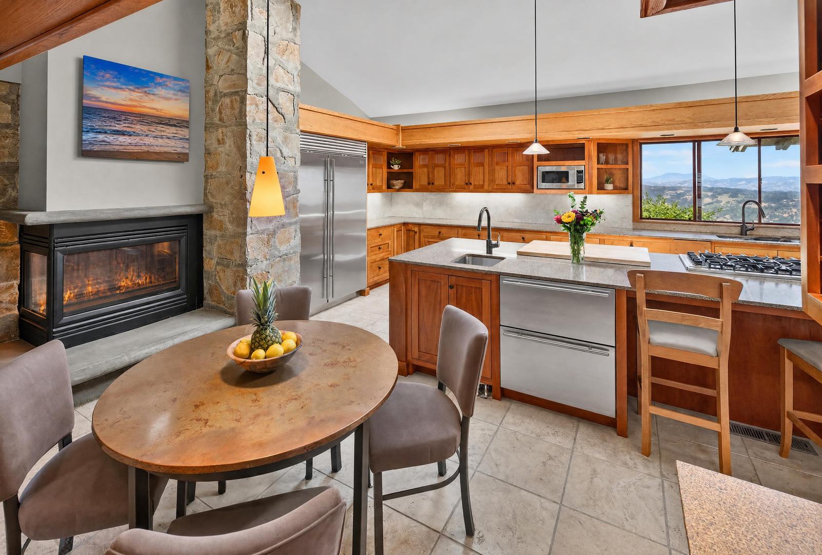 Kitchen and fireplace nook