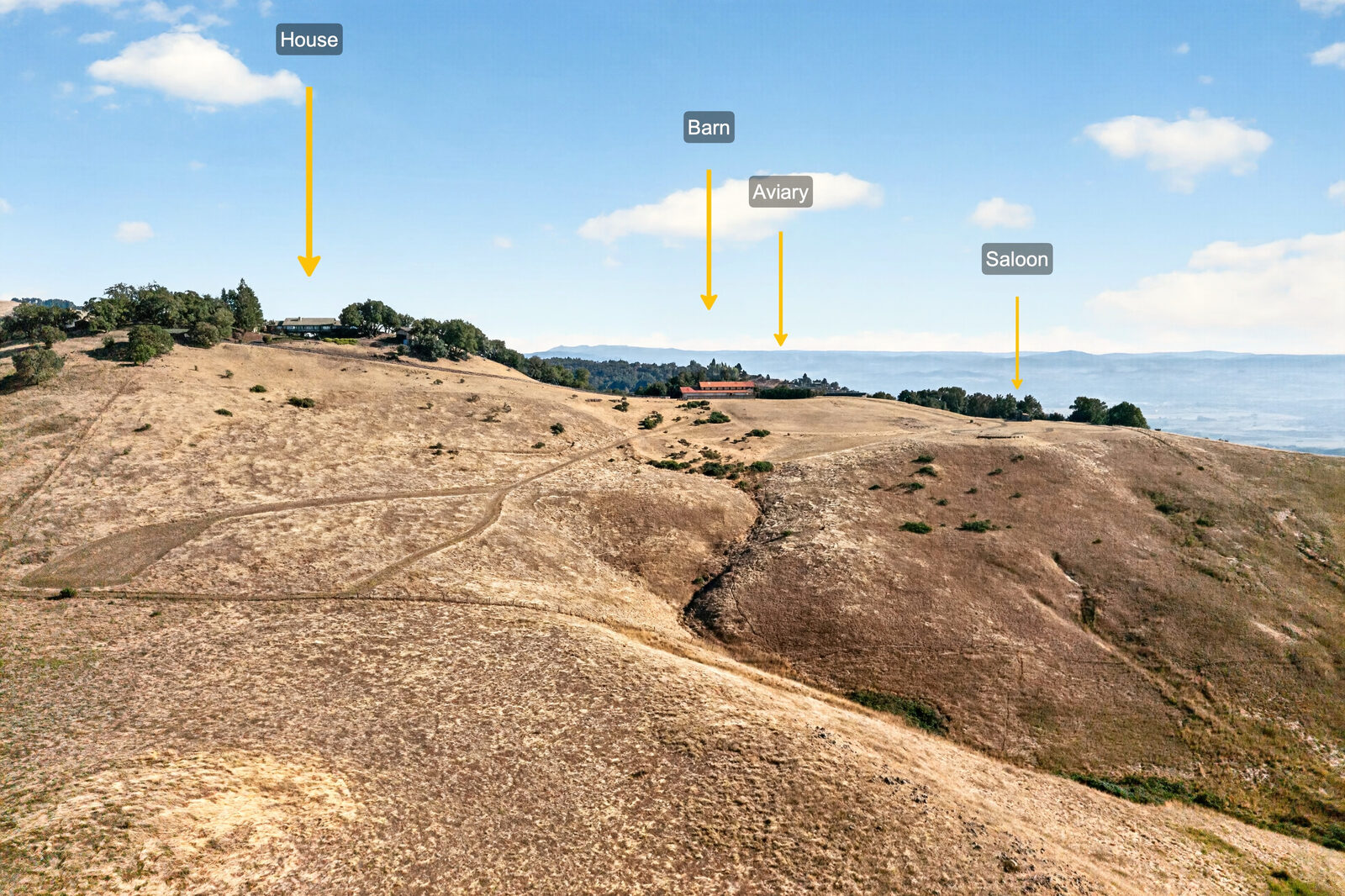 Labeled aerial overview of the house, barn, aviary and saloon